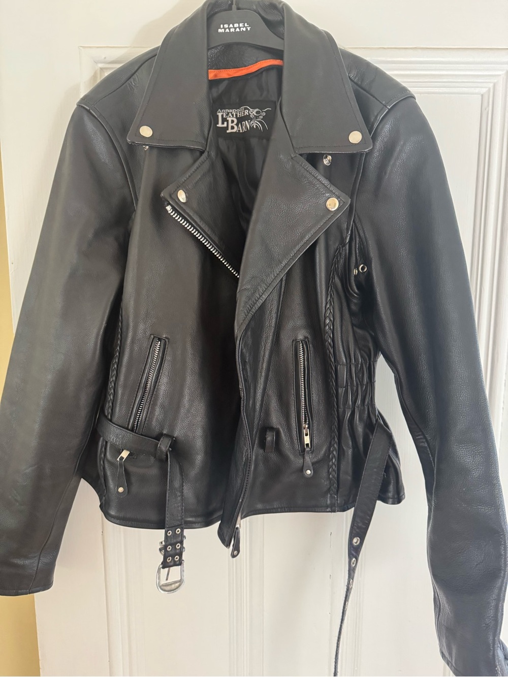 Black Leather Biker Jacket with Braided Side Detail